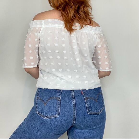Boutique NWOT White Double Layered Textured Polka Dot Off the Shoulder Blouse - Picture 9 of 12